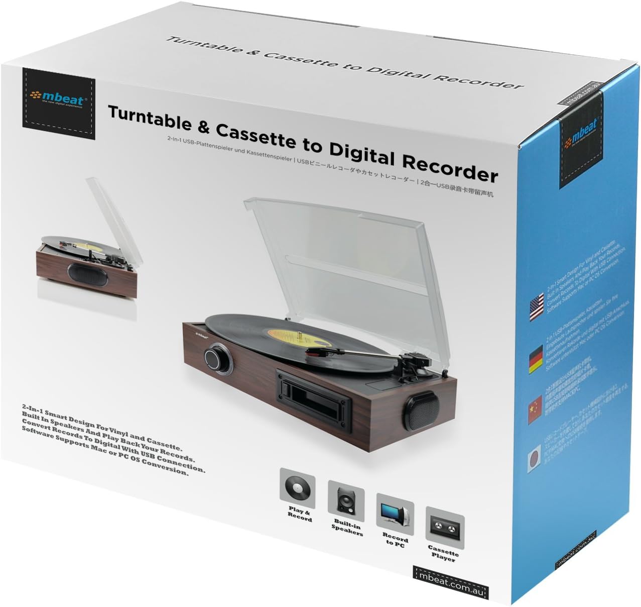 mbeat Wooden 2-in-1 USB Turntable Record Player and Cassette Digital Recorder Built-in Speakers - New Condition