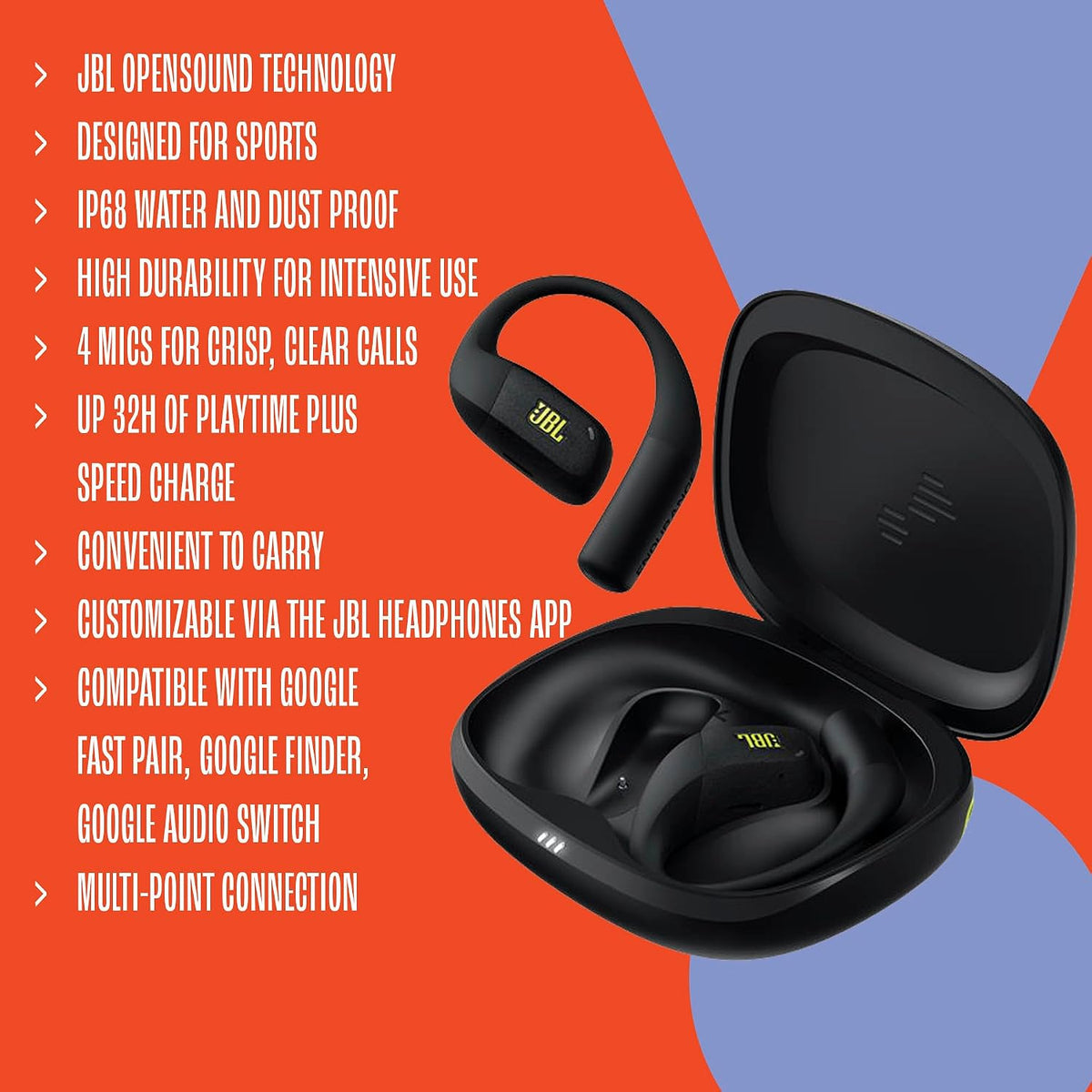 JBL Endurance Zone OpenSound Wireless Earbuds – IP68 Water & Dust Proof, 32-Hour Battery, Black/Grey - New Condition
