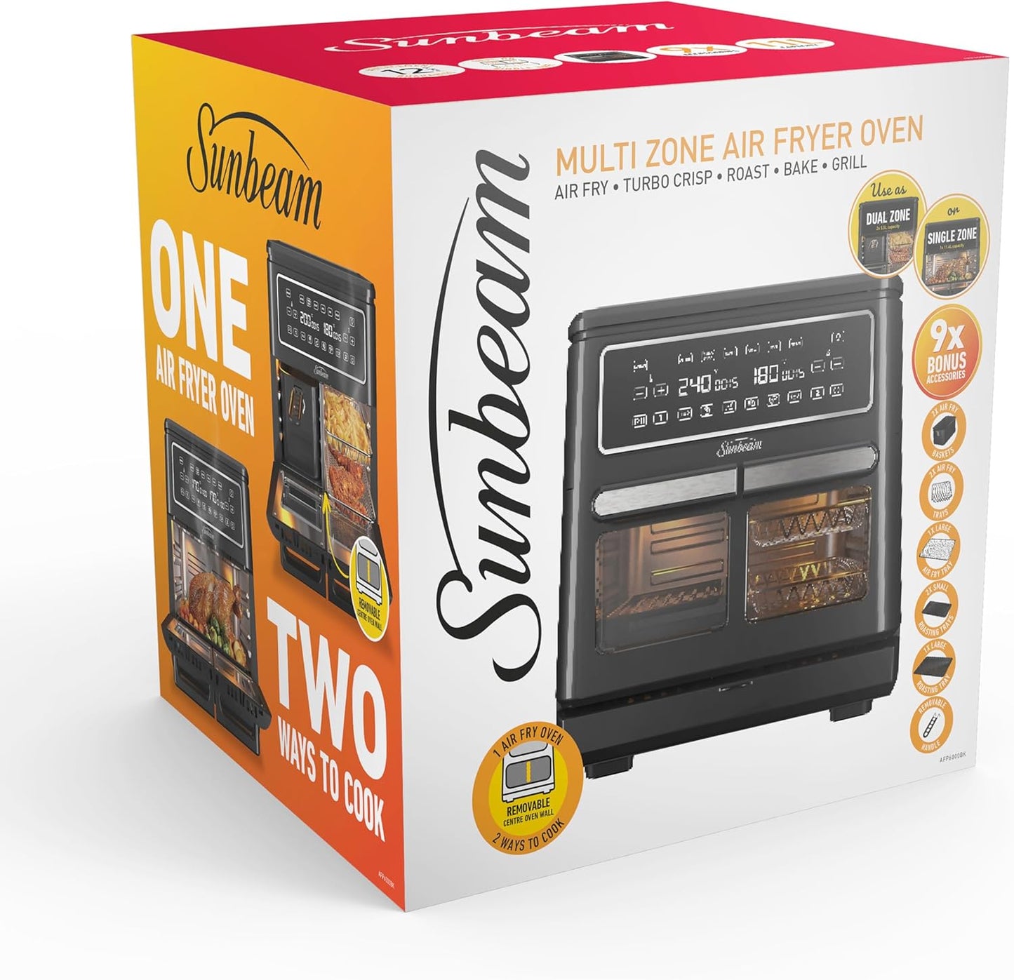 Sunbeam Multi Zone Air Fryer Oven, Convertible Dual 5.5L to Single 11.4L Zone, 9 Accessories, Black - New Condition