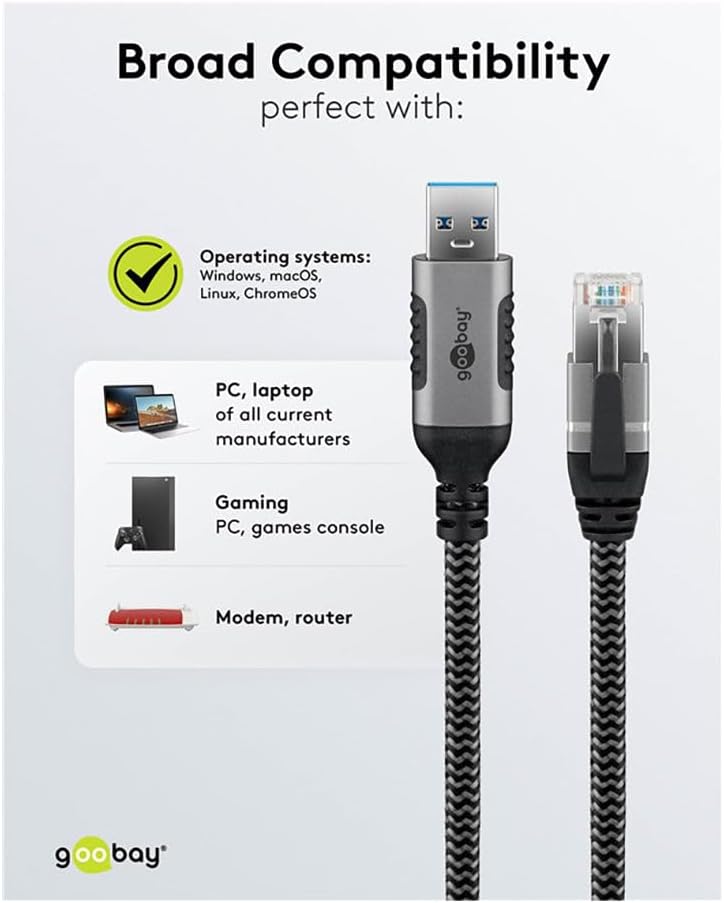 GooBay USB-A 3.0 to RJ45 Ethernet Cable 15 m - Black - New Condition