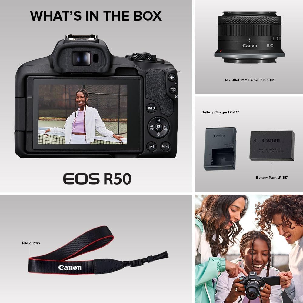 Canon EOS R50 Mirrorless Camera with RF-S 18-45mm Lens – 24.2MP, 4K, Black - New Condition