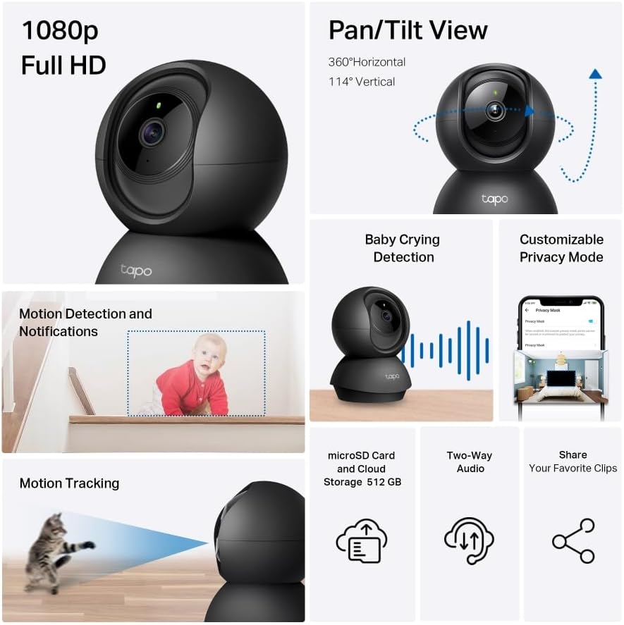 Tapo TP-Link C201 Smart Home Wi-Fi Camera – 1080p, 360° View, AI Tracking, Motion & Person Detection, Night Vision, SD Card, Voice Control, No Hub Required - New Condition