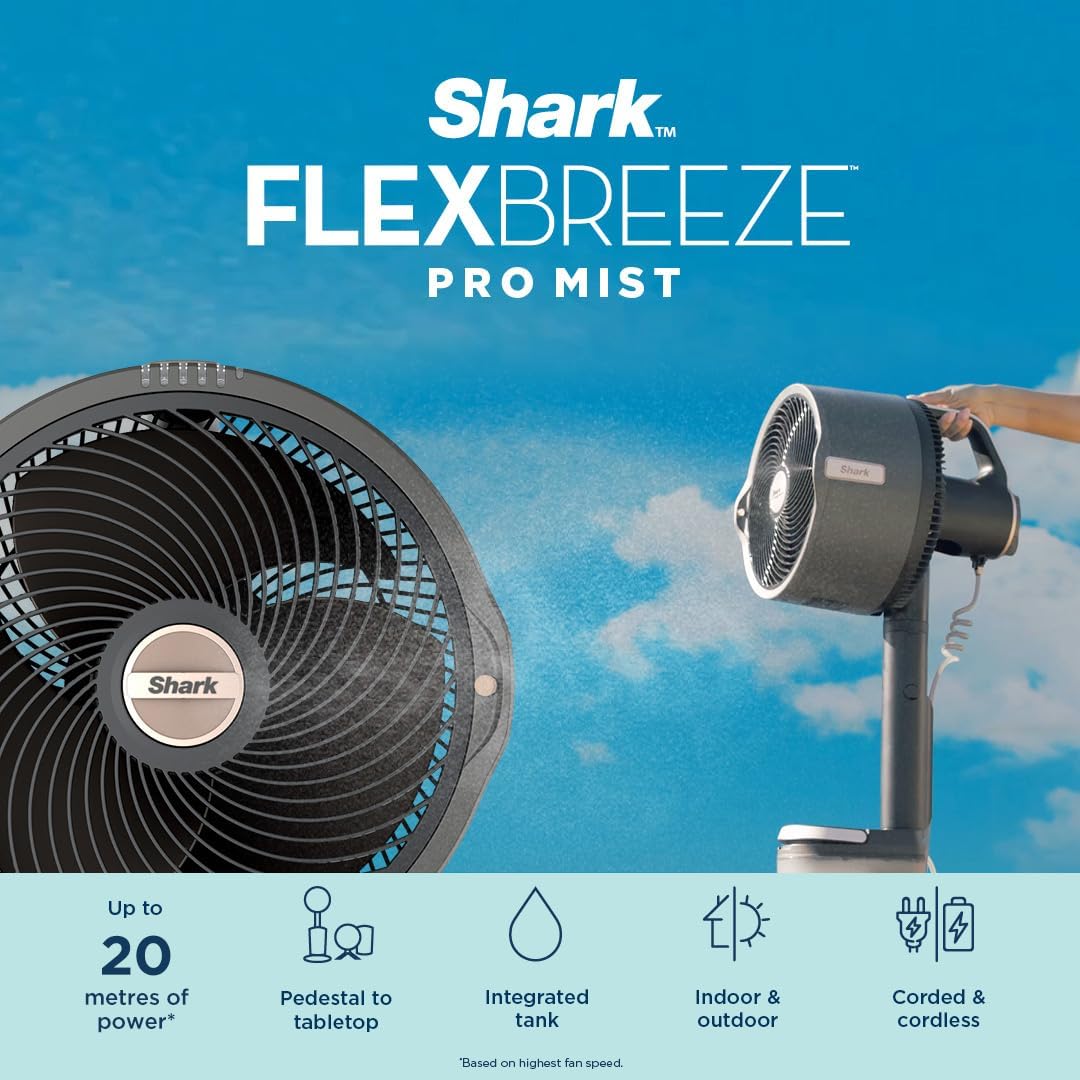 Shark FlexBreeze Pro Mist Indoor Outdoor Pedestal & Table Fan With Water Tank - New Condition