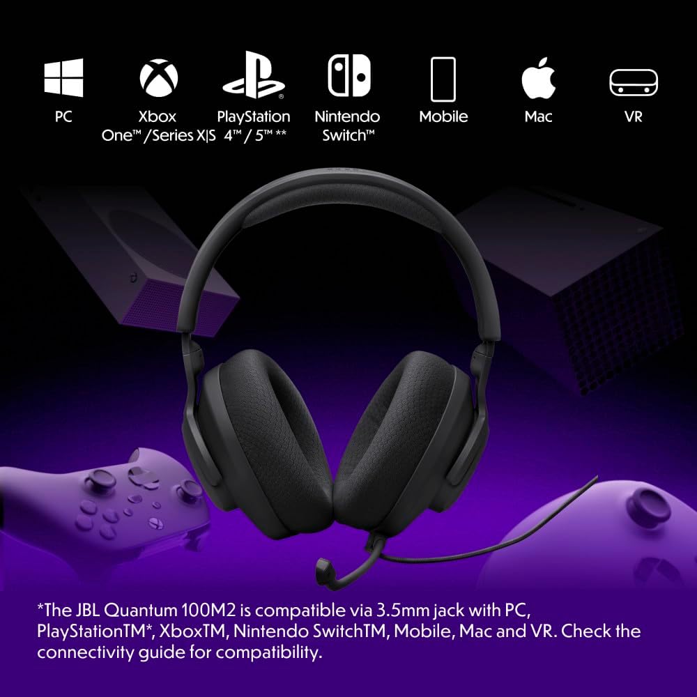 JBL Quantum 100M2 Wired Gaming Headset – Over-Ear, Detachable Mic with Mute, Memory Foam Cushions, 3.5mm Multi-Platform Compatible - New Condition