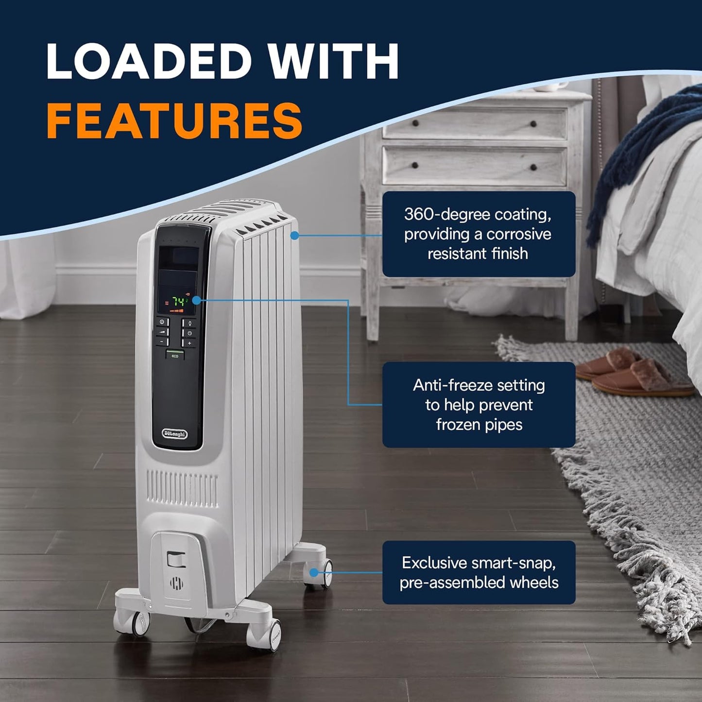 DeLonghi 11-Fin Oil Filled Radiator Heater with Digital Timer & LED Display - New Condition