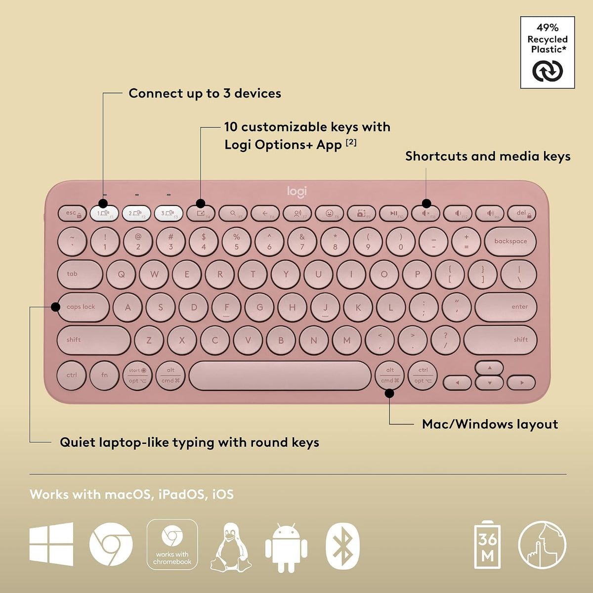 Logitech Pebble Keys 2 K380s Bluetooth Keyboard – Tonal Rose - New Condition