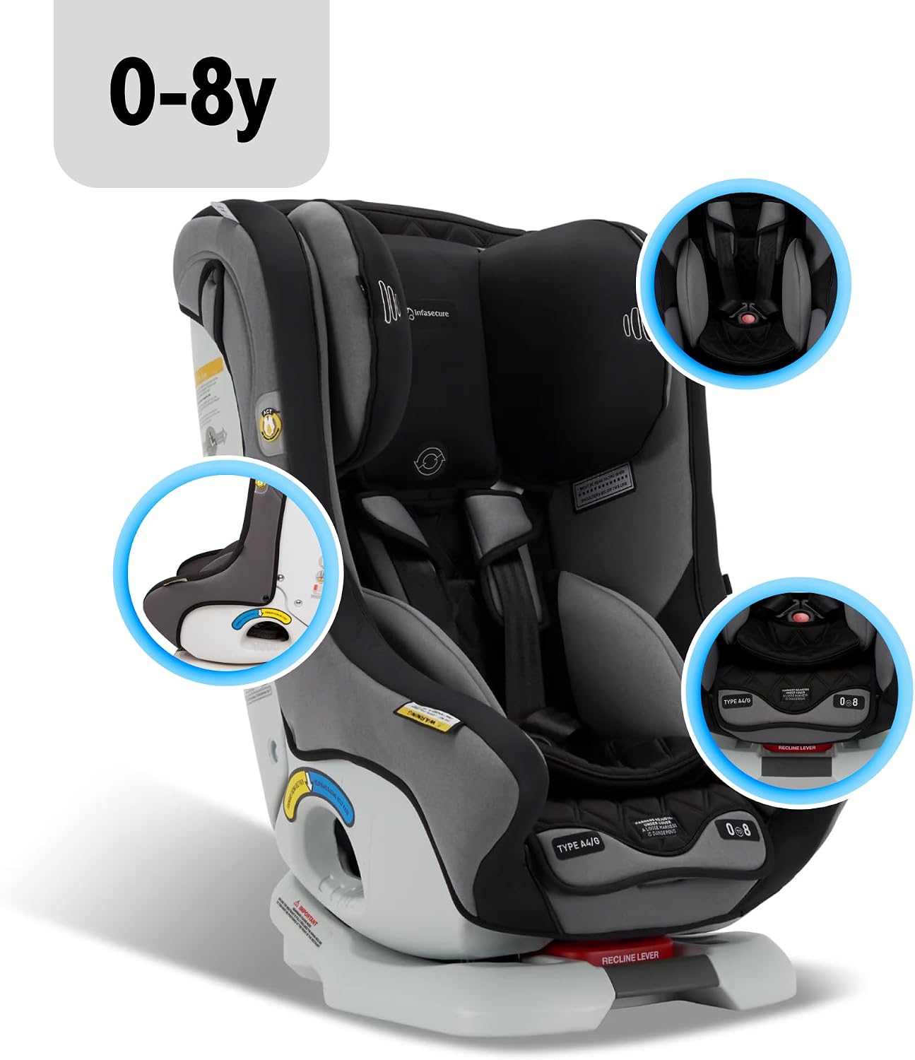 InfaSecure Achieve Premium Convertible Car Seat Night - Newborn to 8 Years - Excellent Condition