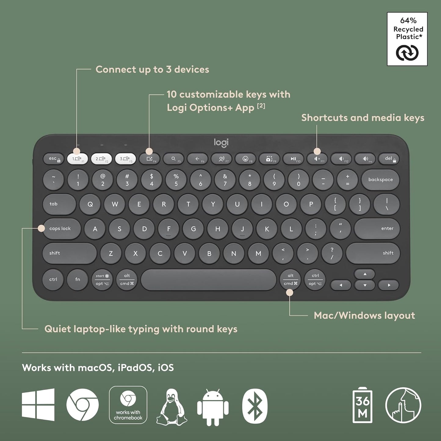 Logitech Pebble Keys 2 K380s Bluetooth Keyboard – Tonal Graphite - New Condition