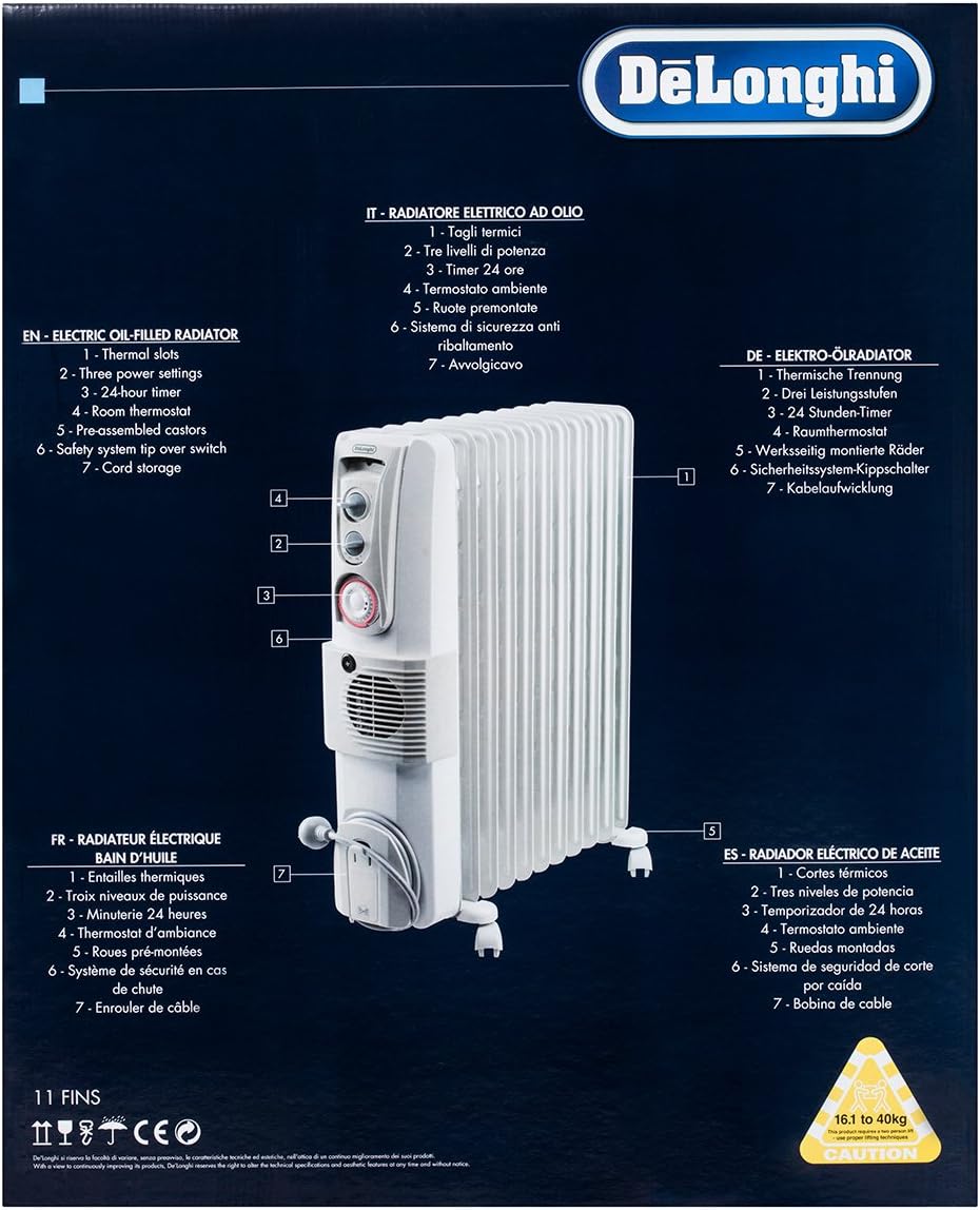 De'Longhi Portable Oil Column Heater 2400W with Timer & Fan - Good Condition