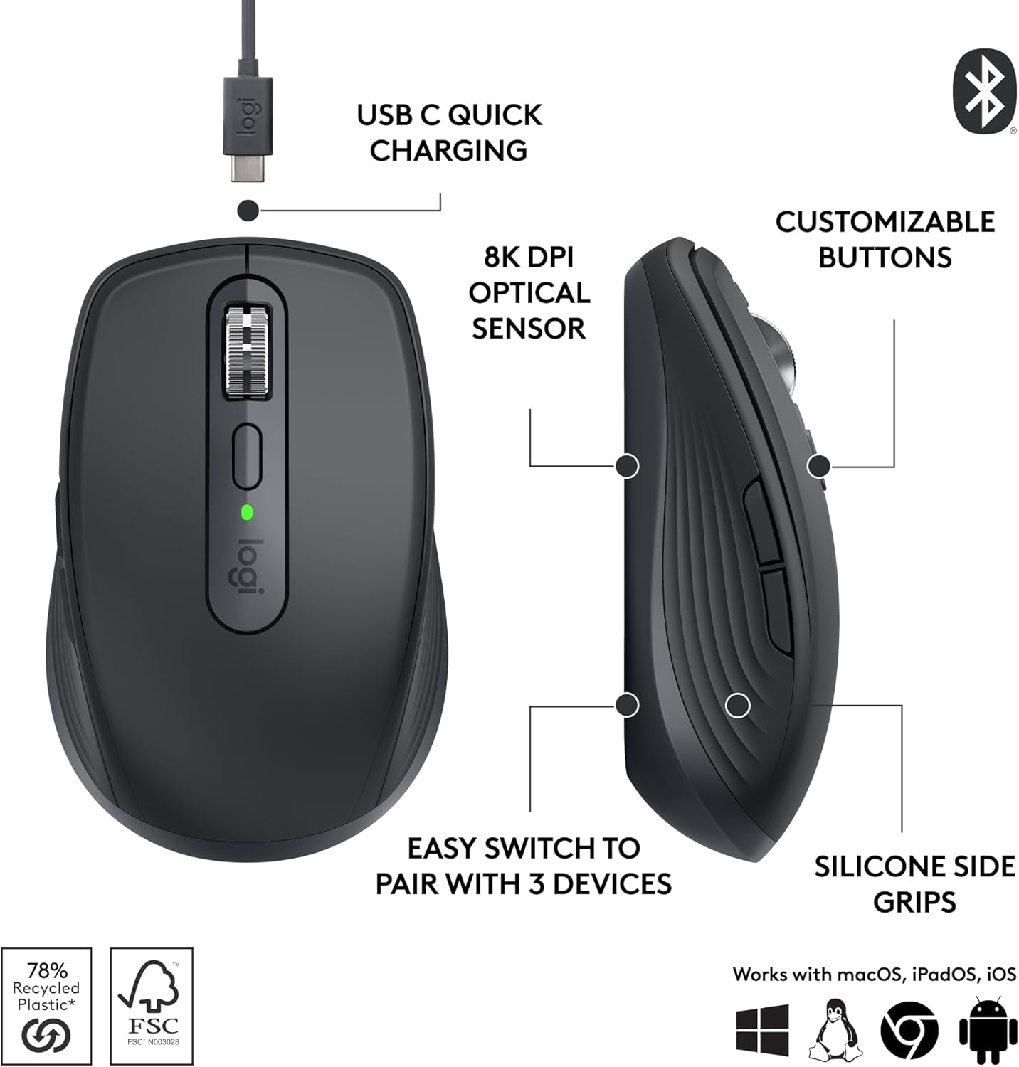 Logitech MX Anywhere 3S Compact Wireless Mouse, Graphite - Excellent Condition