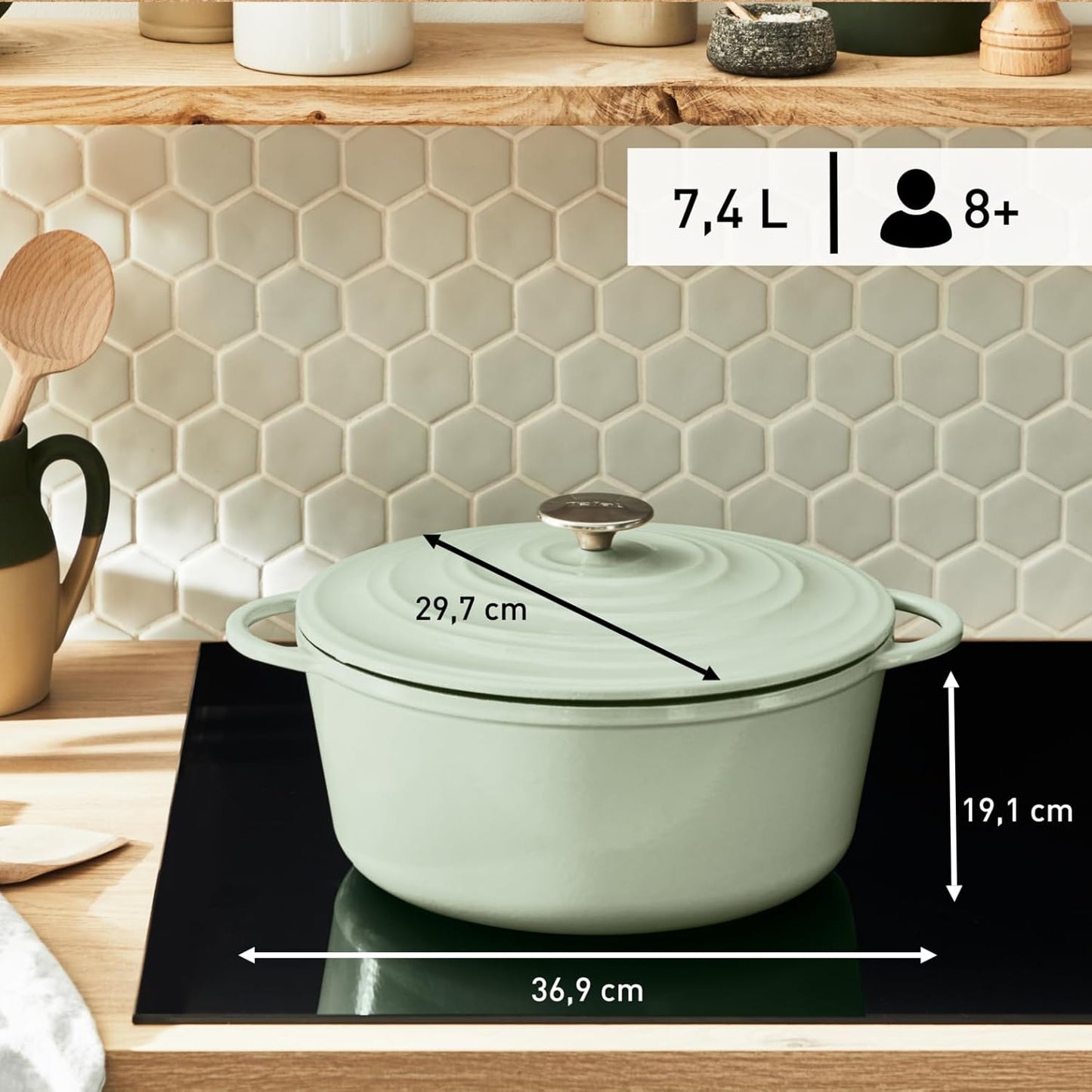 Tefal LOV 29cm Cast Iron Casserole Dish 7.4L Non-Stick Induction Lichen Green - Good Condition