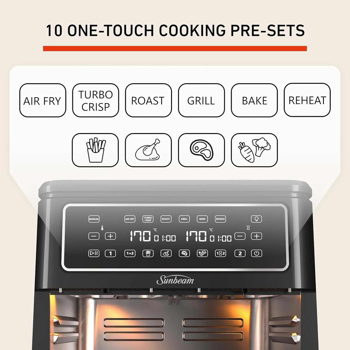 Sunbeam Multi Zone Air Fryer Oven, Convertible Dual 5.5L to Single 11.4L Zone, 9 Accessories, Black - New Condition