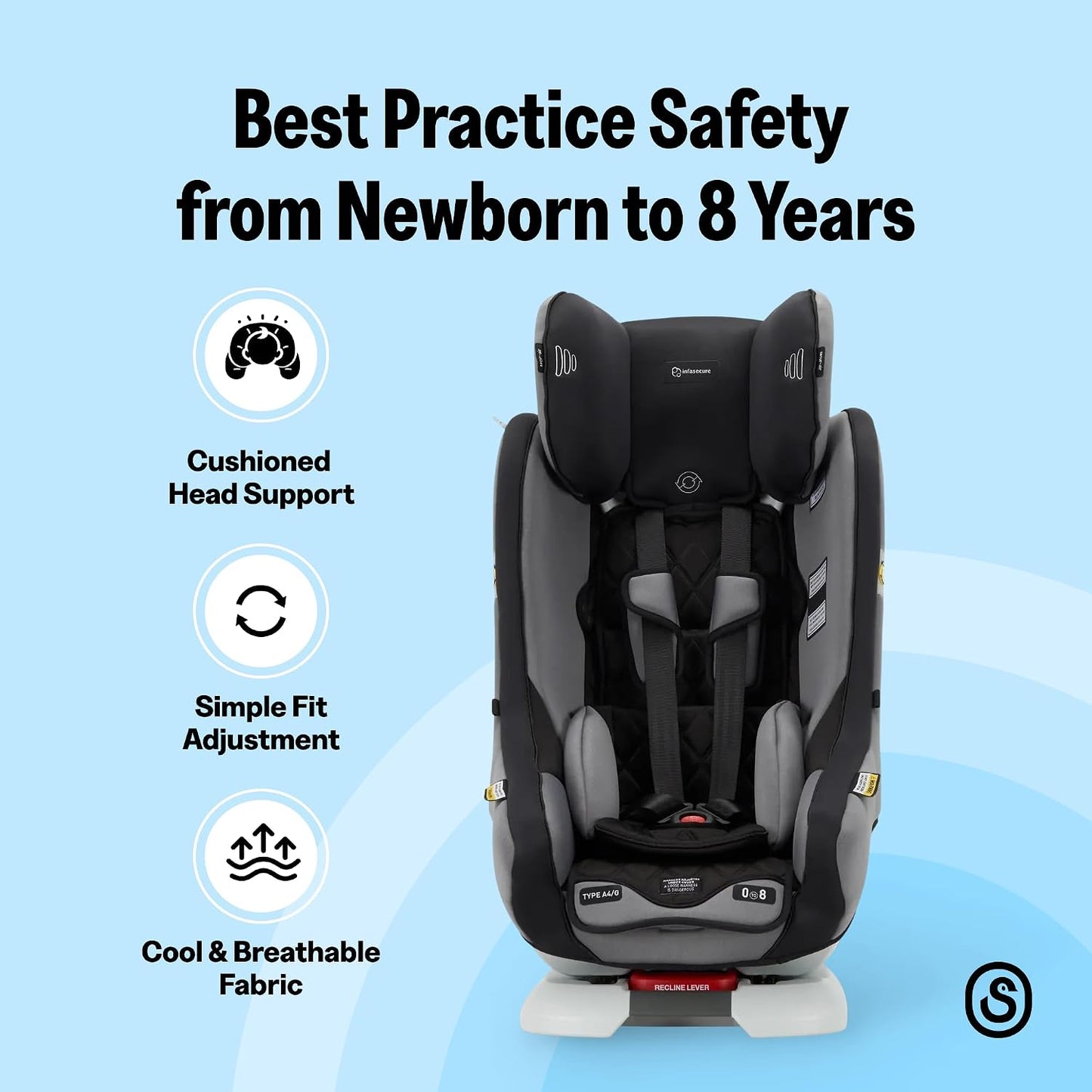 InfaSecure Achieve Premium Convertible Car Seat Night - Newborn to 8 Years - Excellent Condition
