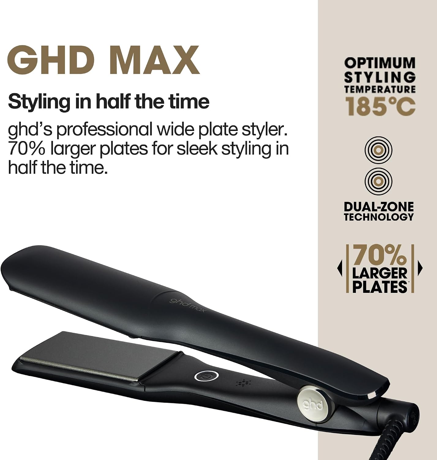 ghd Max Wide Plate Hair Straightener Black – 185°C, Universal Voltage - New Condition