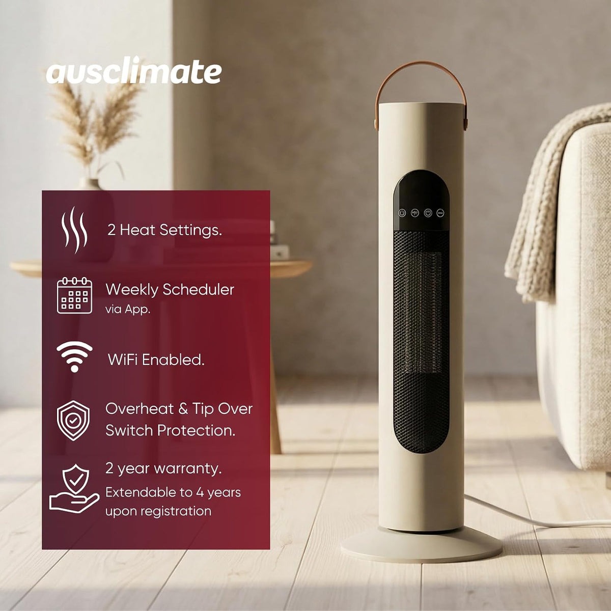 Ausclimate Smart 2000W Medium Tower Heater – Sand - Excellent Condition