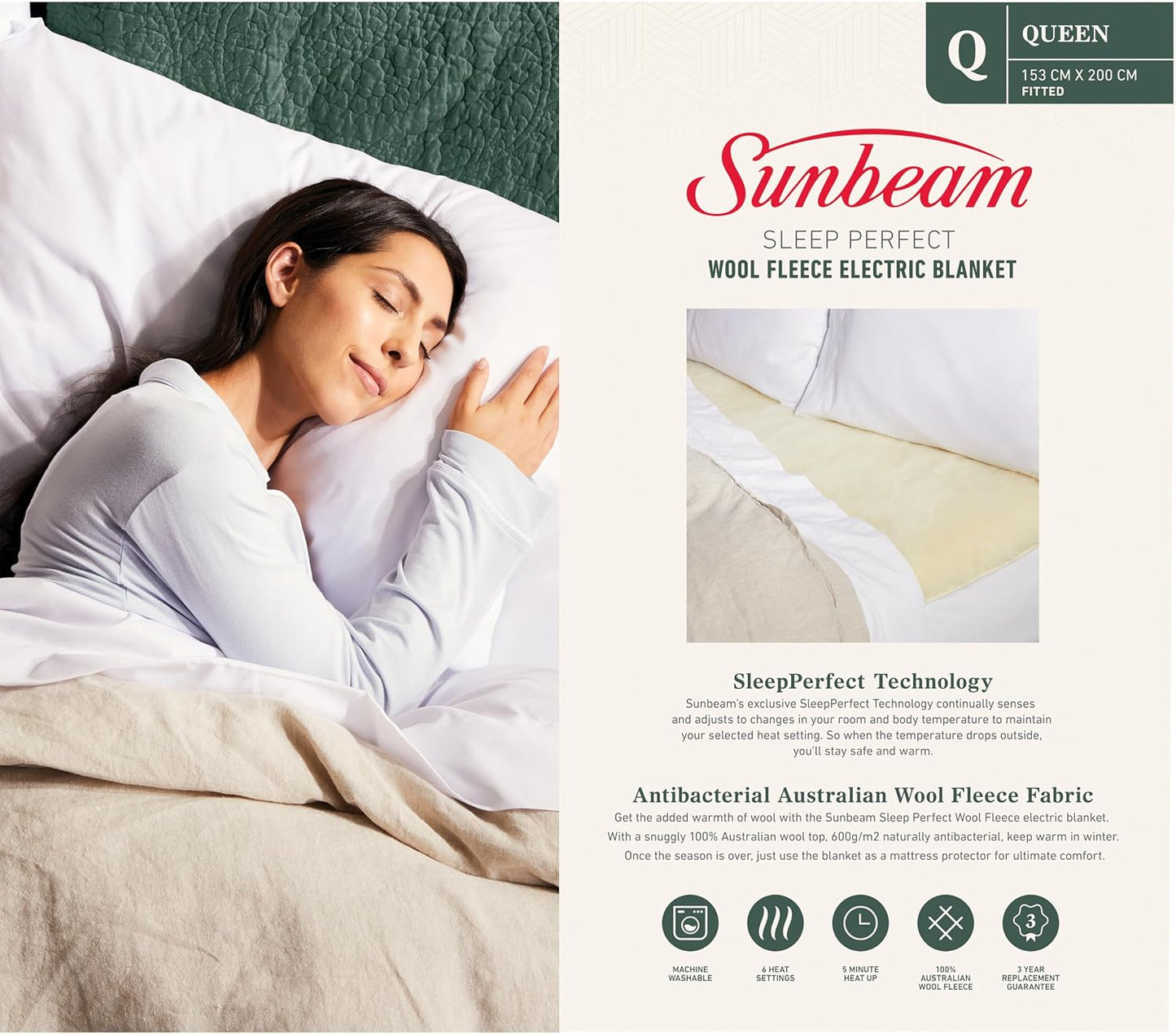 Sunbeam Sleep Perfect Wool Fleece Electric Blanket Queen – 100% Australian Wool - Excellent Condition