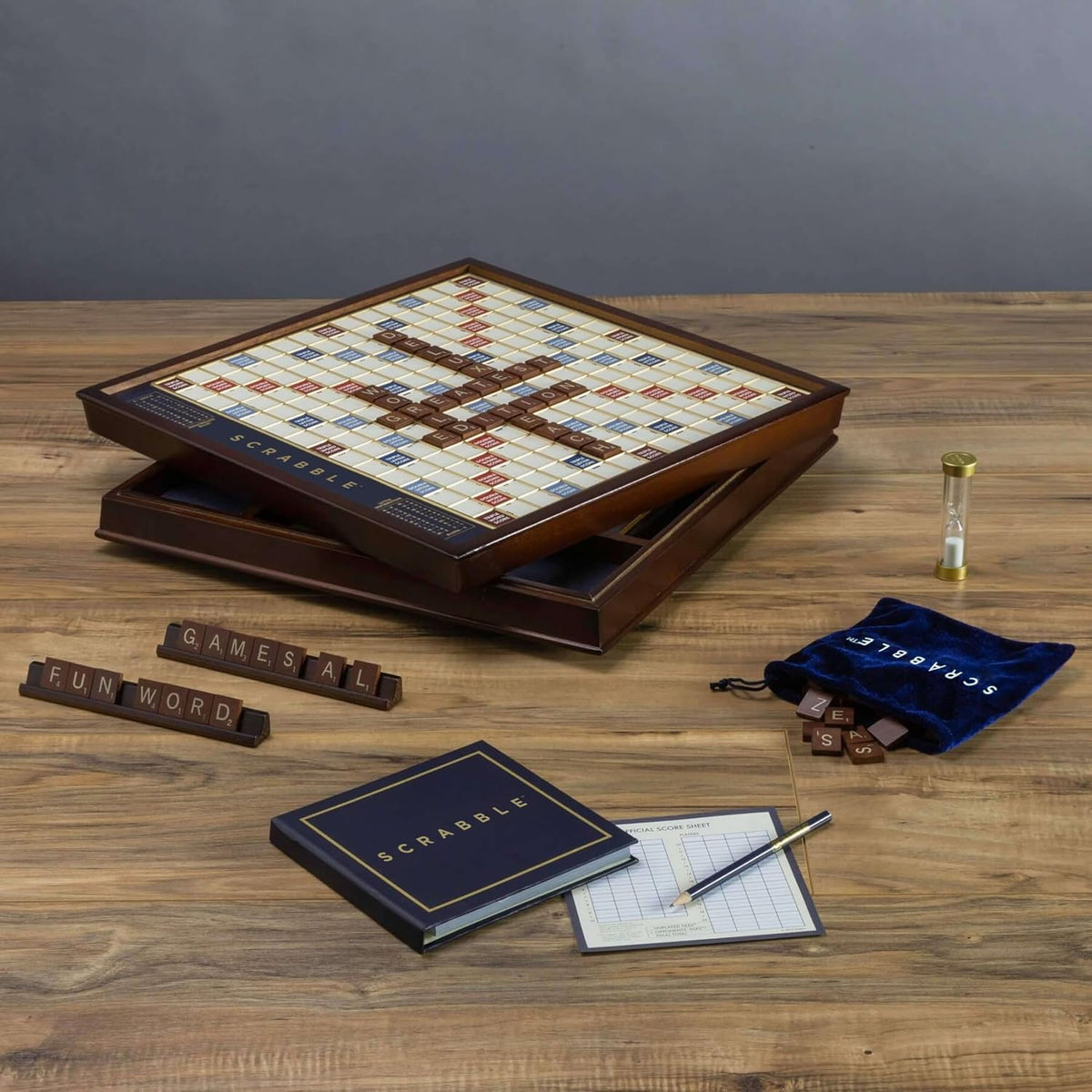Mattel Scrabble Premium Board Game with Wooden Cabinet - Excellent Condition