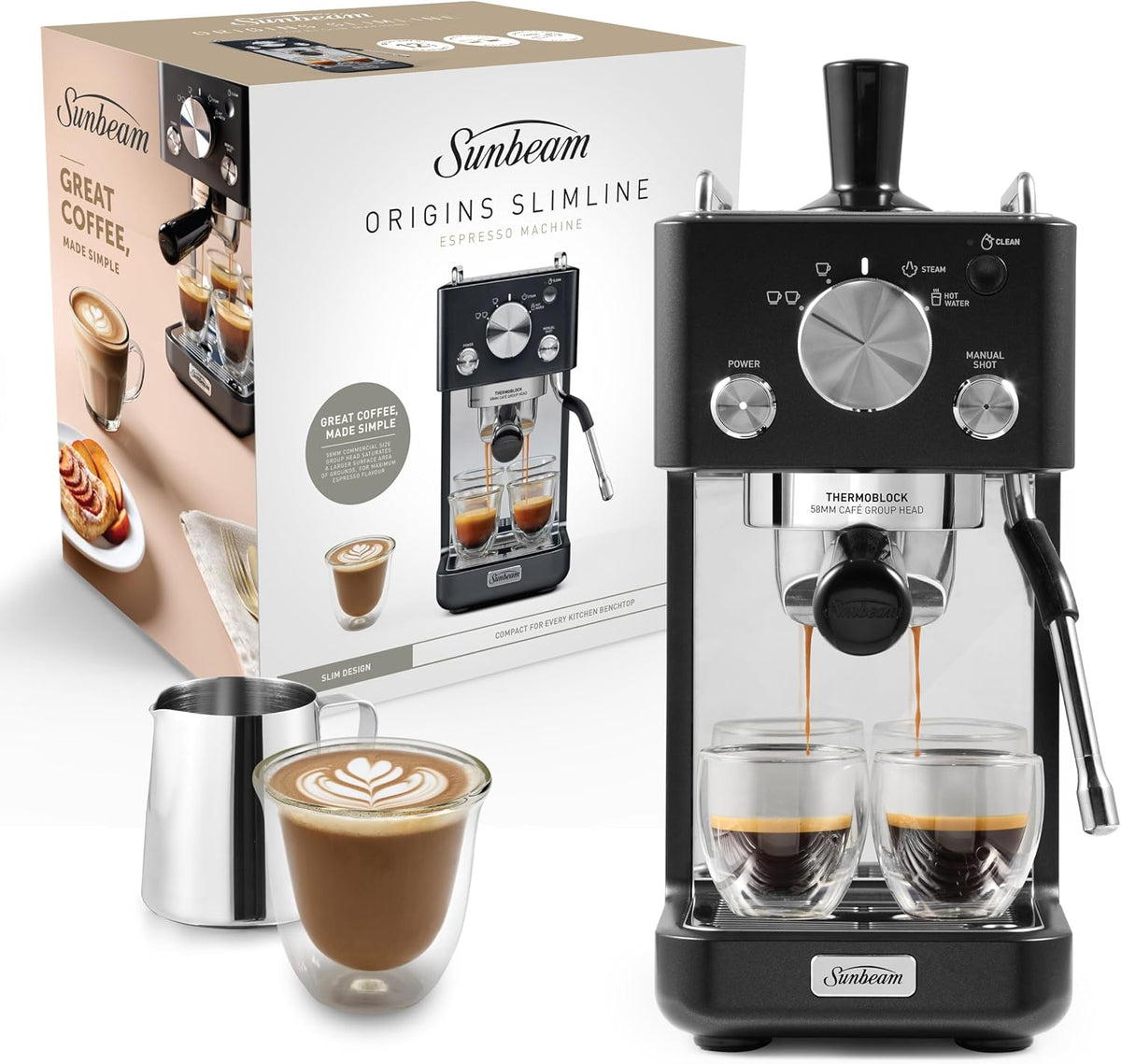 Sunbeam Origins Slimline Espresso Machine – Compact 160mm, Black - Excellent Condition