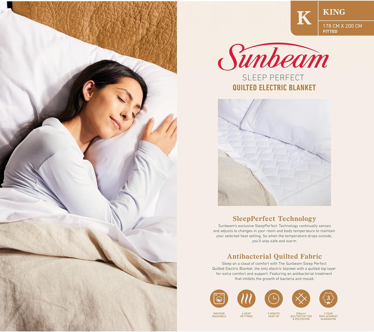 Sunbeam Sleep Perfect King Quilted Electric Blanket with Dual Controls - New Condition