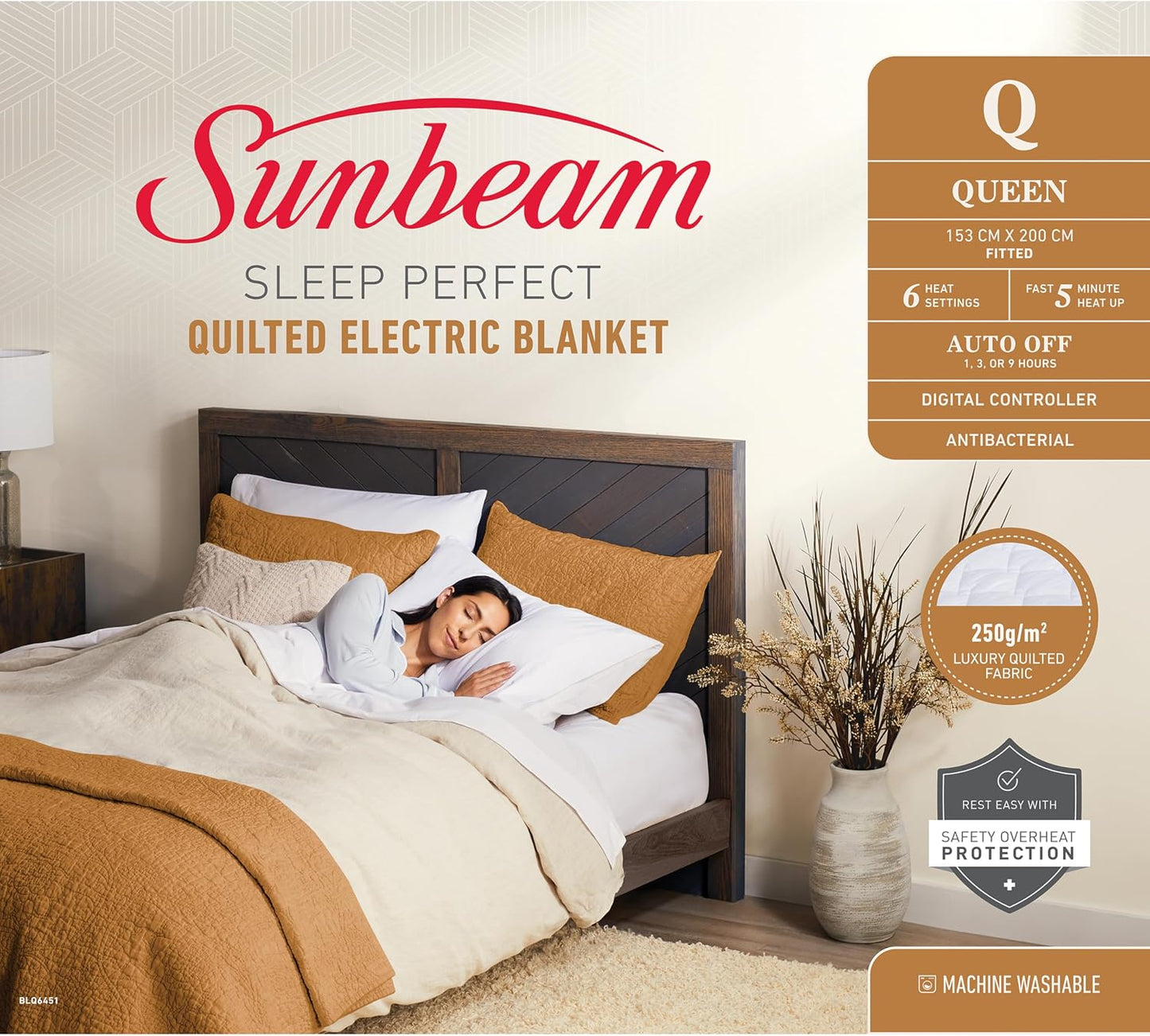 Sunbeam Sleep Perfect Quilted Electric Blanket Queen – Fully Fitted Dual Control - Excellent Condition