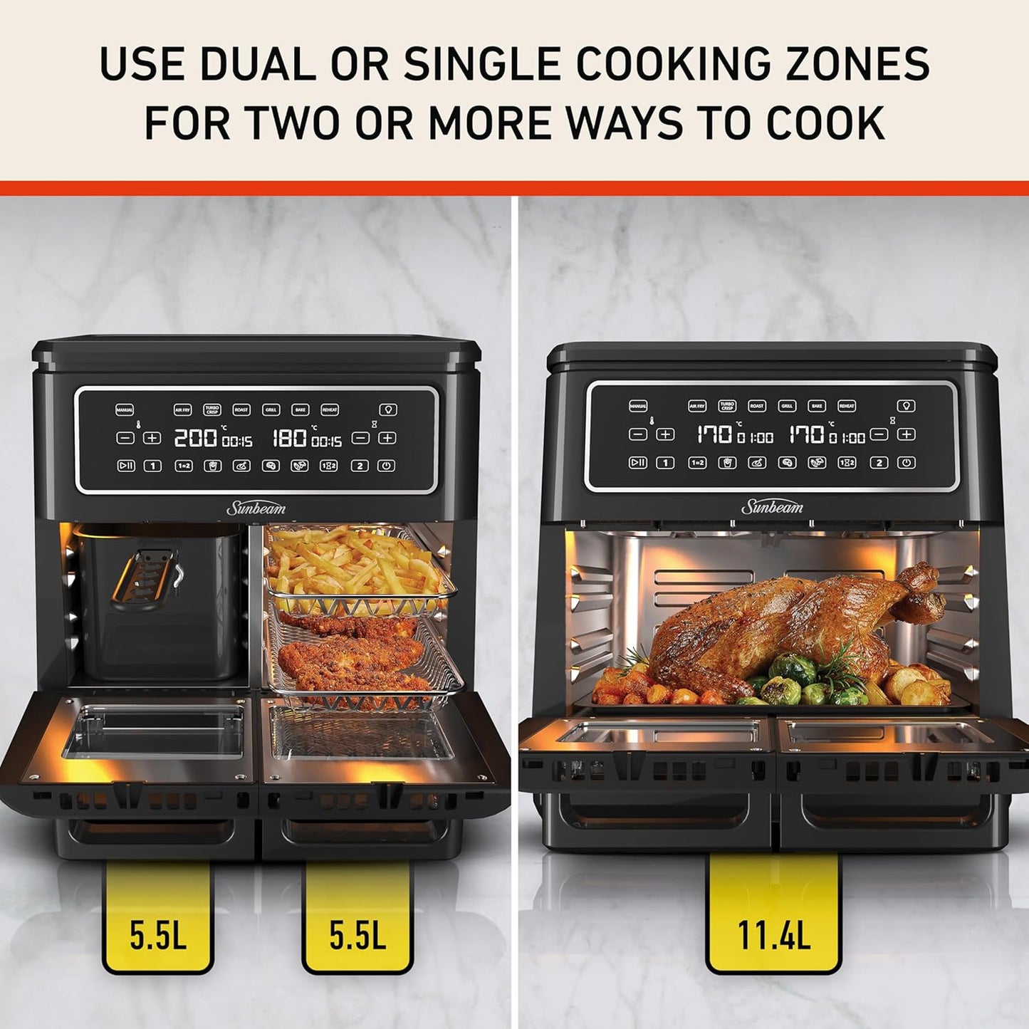 Sunbeam Multi Zone Air Fryer Oven, Convertible Dual 5.5L to Single 11.4L Zone, 9 Accessories, Black - New Condition