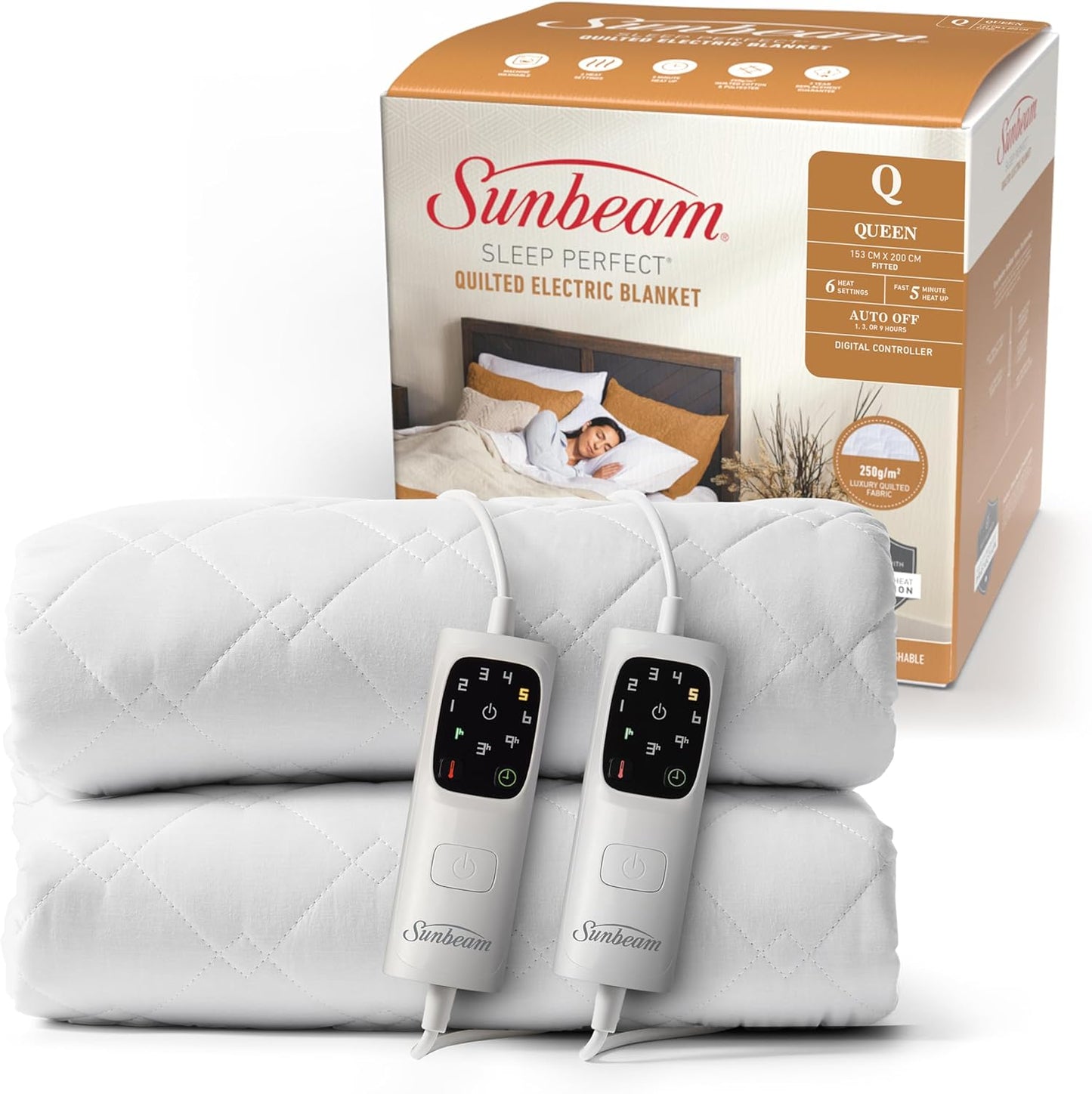 Sunbeam Sleep Perfect Quilted Electric Blanket Queen – Fully Fitted Dual Control - Excellent Condition