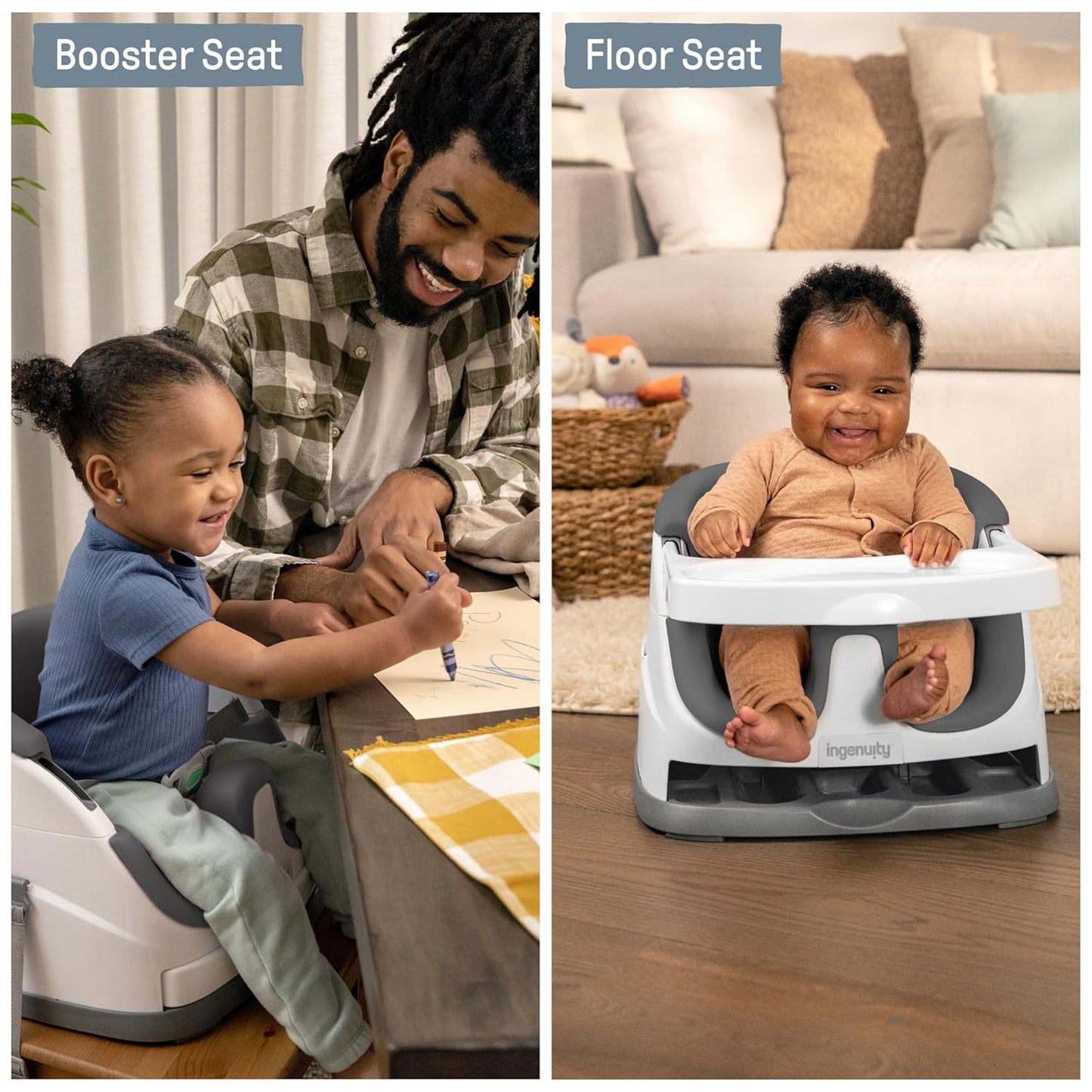 Ingenuity Baby Base 2-in-1 Booster Feeding & Floor Seat with Tray - Slate - New Condition
