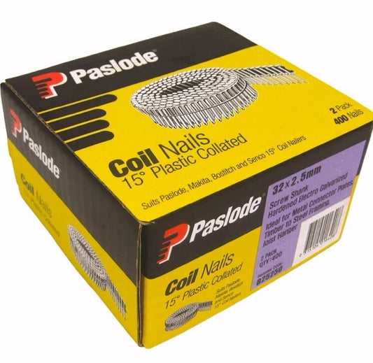 Paslode Electro Galvanised Screw 15 Degree Pneumatic Plastic Collated Coil Nails 400pc - New Condition